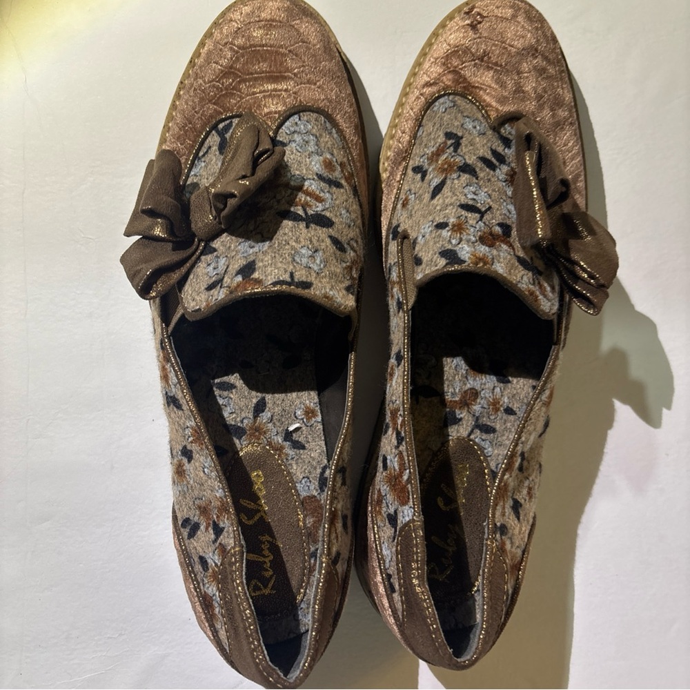 Ruby Shoo Floral Brown Loafers with Bow